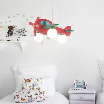 Lámpara de suspensión Avion para dormitorios estructurada en madera con detalles cromados y difusores de vidrio