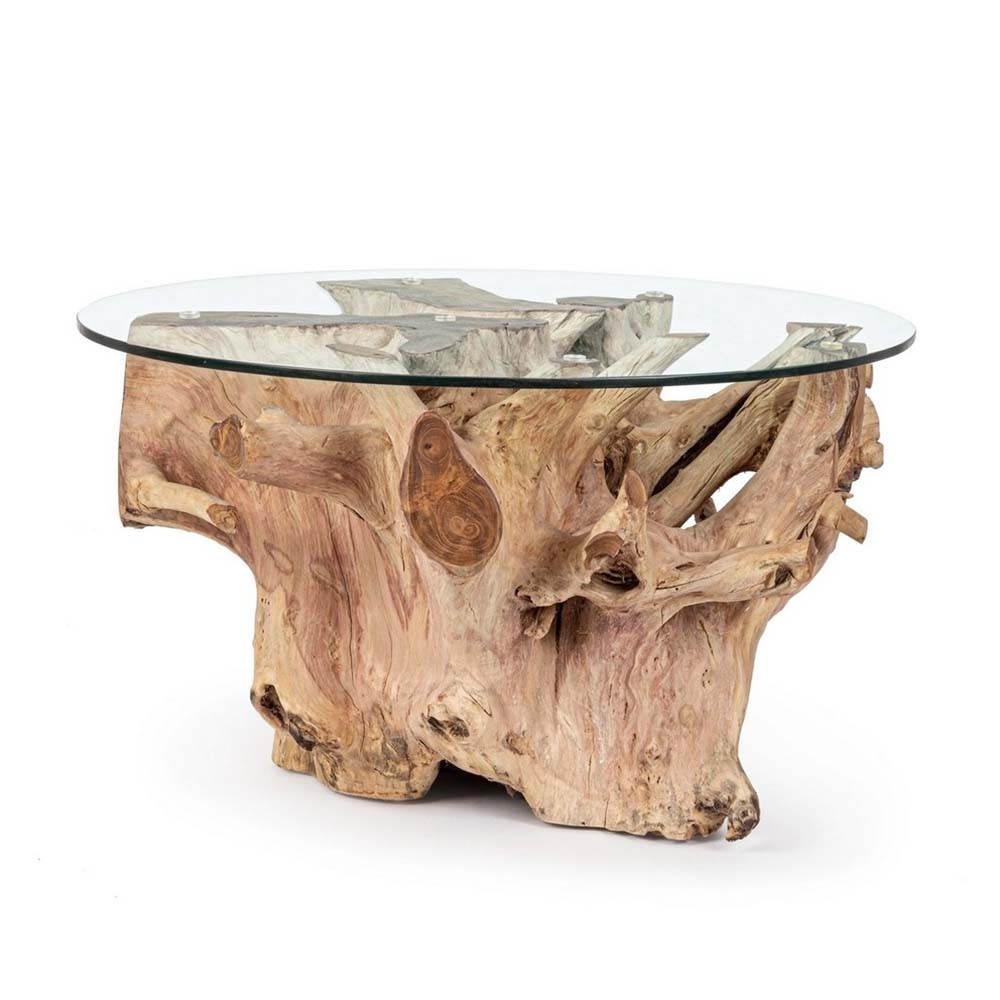 Rosalinda coffee table with glass top and base in secular teak root wood