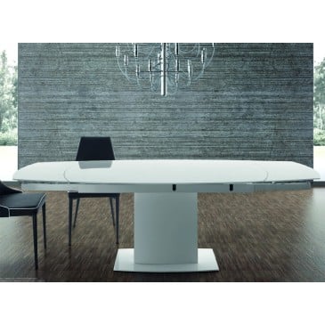 Bond Extendable Table mit drehbarer extraweißer Glasplatte und Stahl- und Holzstruktur