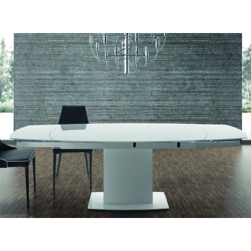 Table extensible Bond avec plateau pivotant en verre extra-blanc et structure en acier et bois