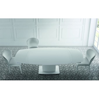 Tavolo allungabile Bond con piano in vetro extrawhite girevole e struttura in acciaio e legno