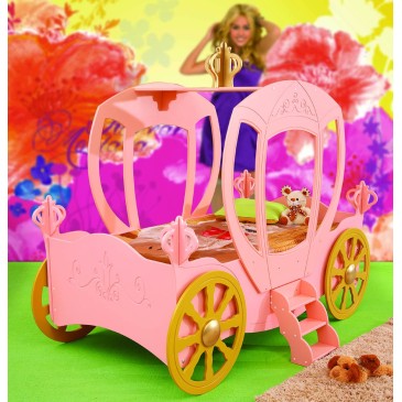 Carriage-shaped bed in MDF for girls with bed base and mattress mod PRINCESS CARRIAGE
