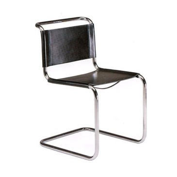 Reedição da Cadeira Cantilever de Mart Stam em tubular cromado e assento em couro