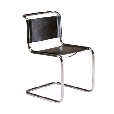 Riedizione sedia Cantilever di Mart Stamo in tubolare cromato e seduta in cuoio