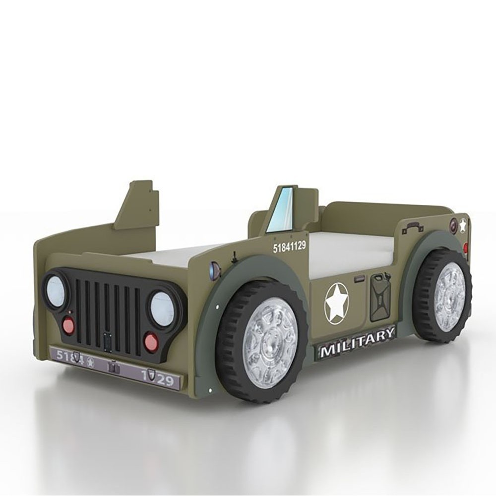 Off-road jeepvormig bed in MDF met verlichting in de koplampen van het Amerikaanse leger