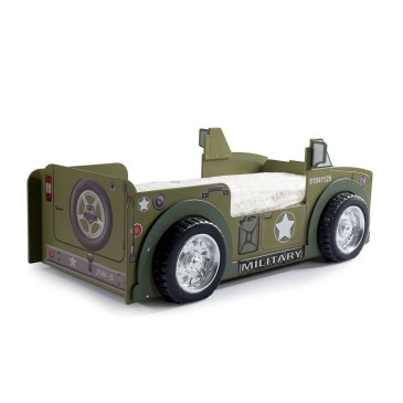 A bed in the shape of a Military Jeep for children who love adventure