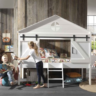 Bed in the shape of a Barnie house suitable for boys and girls