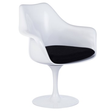 Réédition du fauteuil Tulip avec piètement en fonte d'aluminium, assise en ABS ou fibre de verre, coussin en cuir véritable ou t