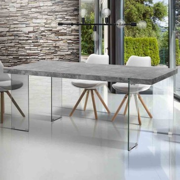 Tavolo da Pranzo Waver Cement di Tomasucci con gambe in vetro temperato e piano in legno MDF