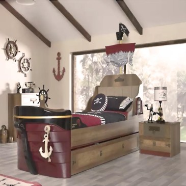 Eenpersoonsbed in de vorm van een piratenschip met mast | kasa-store