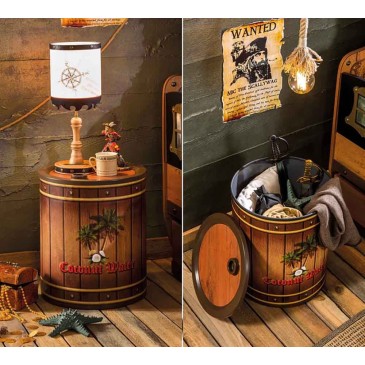 Barrel-shaped bedside table with a pirate theme that also becomes a toy box