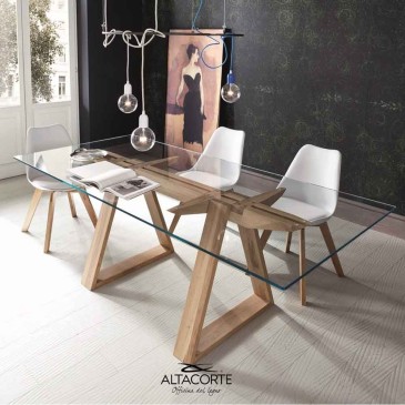 Tokyo fixed table by Altacorte structure in oak wood top in tempered glass