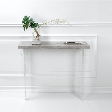Maugenio Habitat console with plexiglass legs and wooden top in various finishes