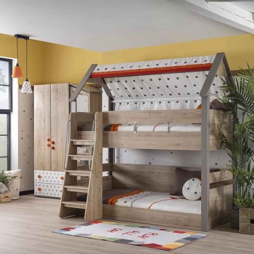 Bunk bed in the shape of a house made of wood with a roof covered in fabric