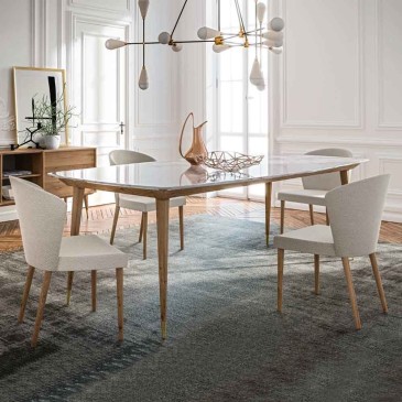 Callesella Cocò dining table with solid wood structure and calacatta gold marble top