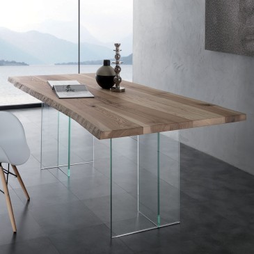 Feststehender Tisch La Seggiola aus Bioglas mit naturfarben gebeizter, gebürsteter massiver olivgrüner Eschenplatte, Glasbeinen