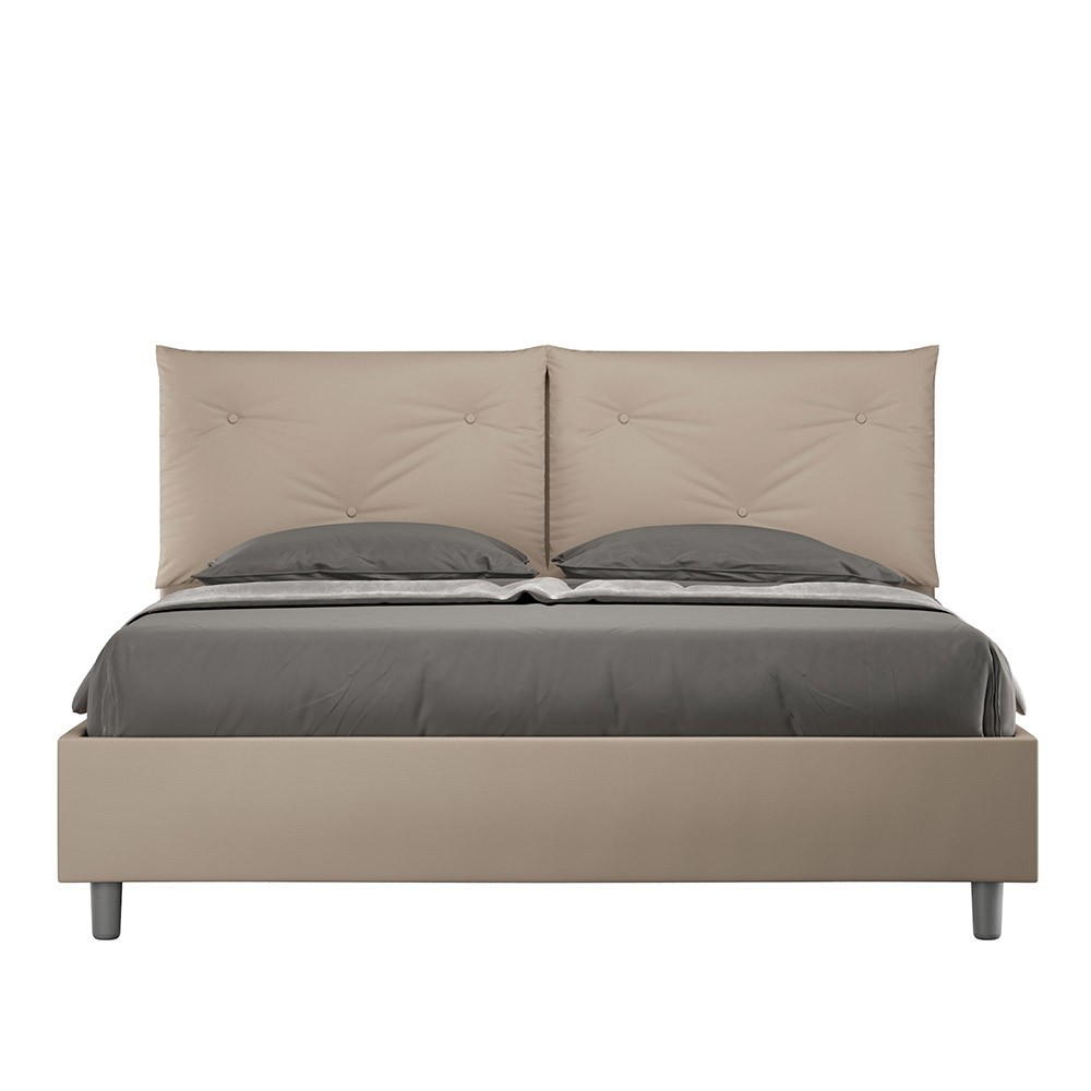 Elegante cama de casal Appia, imitação de couro branco ou lama.