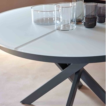 Apollo T30 ronde uitschuifbare tafel met metalen structuur en glanzend glazen blad