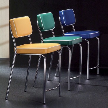 La Seggiola Hollywood stools with chromed structure, seat and backrest in graffiti eco-leather