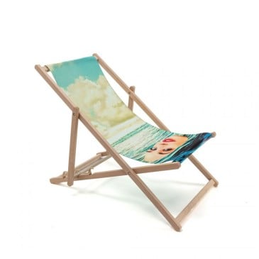 Seletti folding deck chair in wood and polyester signed by Toiletpaper