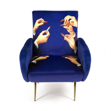 Seletti Blue Lipsticks Wooden armchair with upholstered seat designed by Toiletpaper