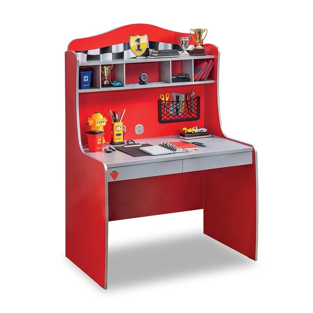 Turbo bureau en boekenkast met geruite dessins, uit de wereld van motoren