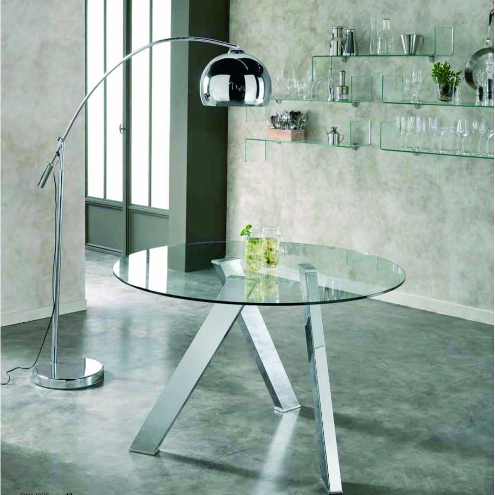 Runder Rondo-Tisch mit Struktur aus Weißmetall oder Stahl und Platte aus transparentem Glas