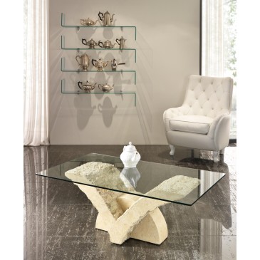 Papillon coffee table with glass top and fossil stone base