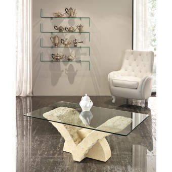 Papillon coffee table stones with glass top and fossil stone base