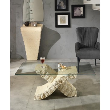 Xenon salontafel met fossiel stenen onderstel en glazen blad