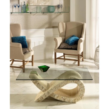 Mesa de centro Fiocco de Stones con base de piedra fósil y tapa de cristal. Adecuado para hoteles, apartamentos y estudios.