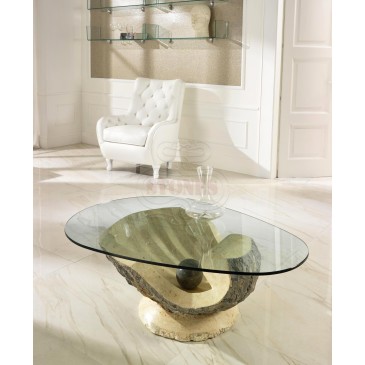 Tavolino da fumo Venere in compensato marino rivestito in pietra fossile e piano in vetro temperato