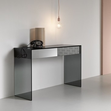 Tonelli design Gotham console in smoked glass with wooden drawer