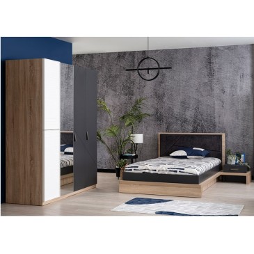City double bed made of melamine wood with upholstered headboard covered in fabric