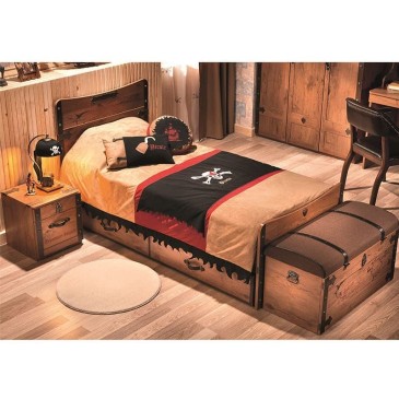 Cameretta completa per bambini a tema Pirati con letto, armadio, comodino, scrivania, baule, sedia