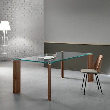 Table Tonelli Design Can Can avec plateau en verre et pieds en bois