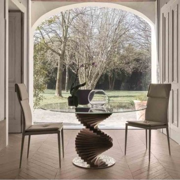 Table ronde Tonin casa Firenze avec pied en bois massif, plateau en verre et base en acier poli