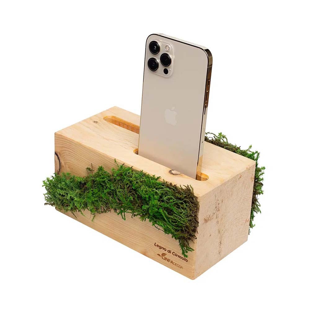 Linfadecor Dolmen mobile phone holder in stabilized wood and moss