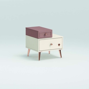 Yakut bedside table in white and pink laminate, with 2 drawers. For Little Girl