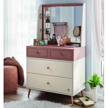 Commode élégance avec miroir, coloris blanc et rose pour chambre de petite fille