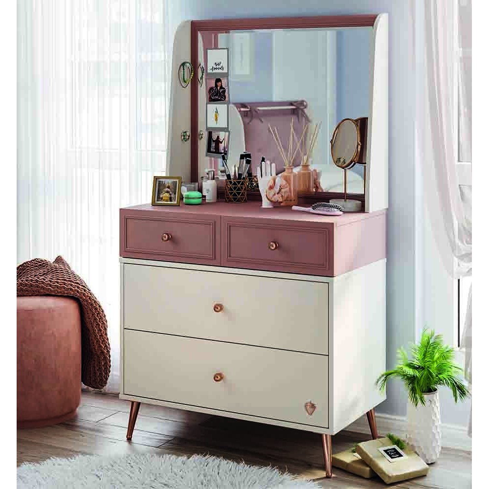 Cómoda con espejo Yakut, blanco y rosa para habitación de niña