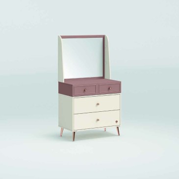 Cómoda con espejo Yakut, blanco y rosa para habitación de niña