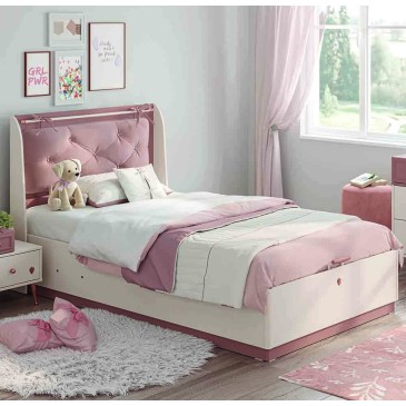 Elegance-Bett mit Container und gestepptem Kopfteil aus rosafarbener Mikrofaser
