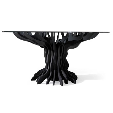 Table Tale design Albedo avec base en bois de bouleau et plateau en verre trempé