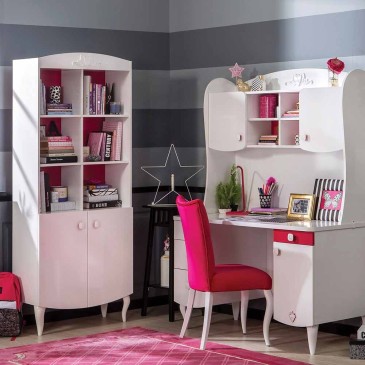copy of Yakut Bücherregal aus weißem und rosafarbenem Laminat, geeignet für ein kleines Mädchenzimmer