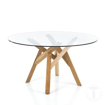 Cork round table by Tomasucci with solid wood structure and transparent tempered glass top