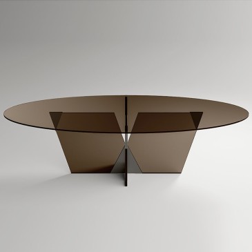 Mesa Crossover Tonelli design com base central e tampo de vidro laminado