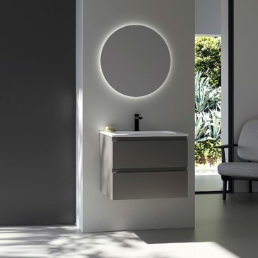 Banheiro Kios Composição de banheiro Pandora 60 com duas gavetas, tampo integrado, espelho redondo