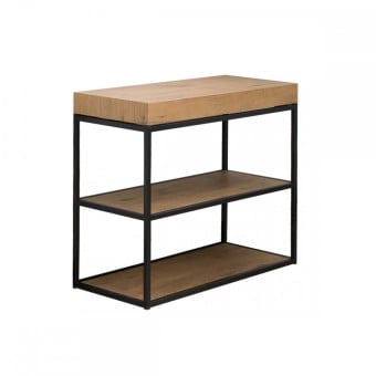 Plano extendable console with extendable metal structure and wooden shelves for extensions