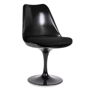 Heruitgave van Tulip stoel in glasvezel met aluminium onderstel en zwart stoffen kussen
